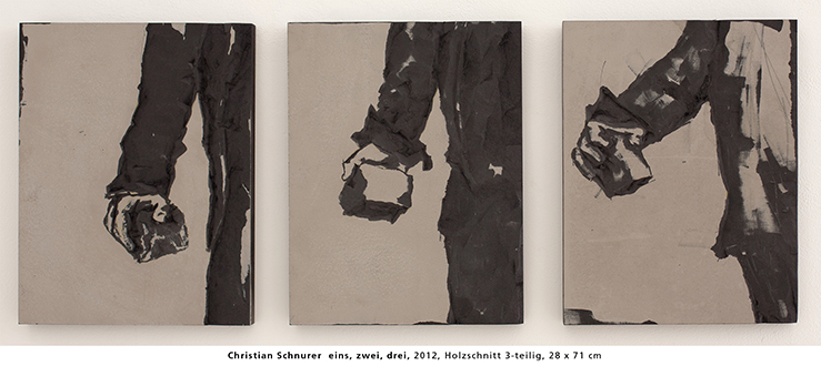 Eins, zwei, drei-61 Christian Schnurer  eins, zwei, drei, 2012, Holzschnitt 3-teilig, 28 x 71 cm 