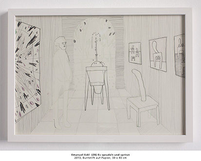 Emanuel Eckl  (Z8) Es sprudelt und spritzt 2013, Buntstift auf Papier, 30 x 40 cm 