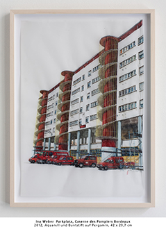 Ina Weber  Parkplatz, Caserne des Pompiers Bordeaux 2012, Aquarell und Buntstift auf Pergamin, 42 x 29,7 cm 