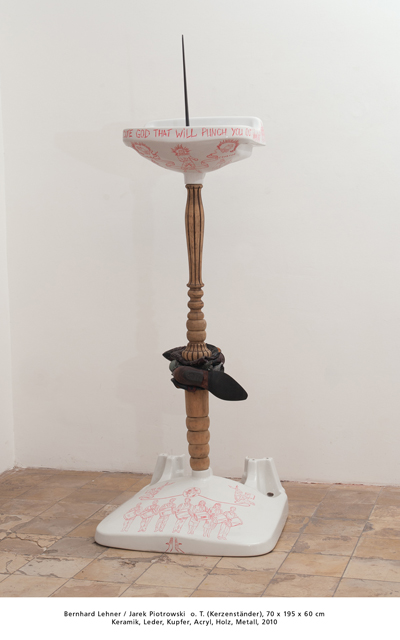 Bernhard Lehner / Jarek Piotrowski  o. T. (Kerzenstnder), 70 x 195 x 60 cm, 2010 Keramik, Leder, Kupfer, Acryl, Holz, Metall	