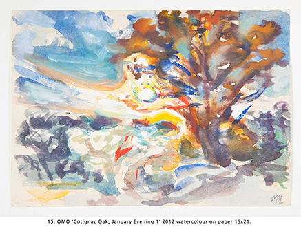 OMO Cotignac Oak, January Evening 1 2012 watercolour on paper 15x21. 