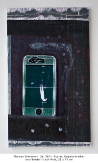 Thomas Schroeren  2e, 2011, Papier, Kugelschreiber und Buntstift auf Holz, 25 x 15 cm
